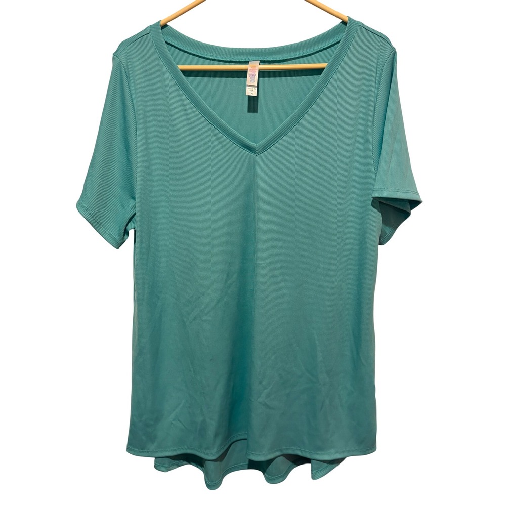 LuLaRoe Womens 2XL Turquoise Aqua Ribbed V-Neck Short Sleeve Top UI-002 10688
